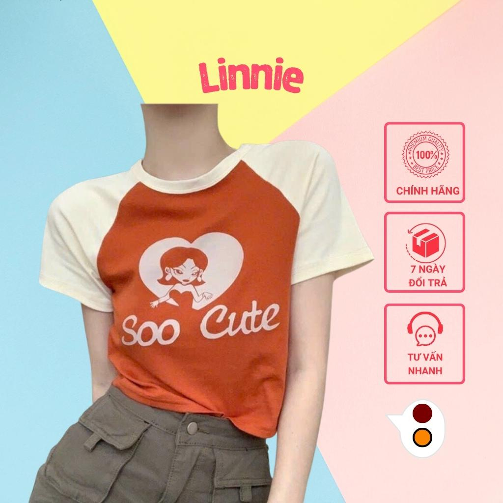 Áo croptop nữ Linnie ngắn tay phối màu in chữ Soo Cute, Áo kiểu nữ ôm body chất borip mềm mịn