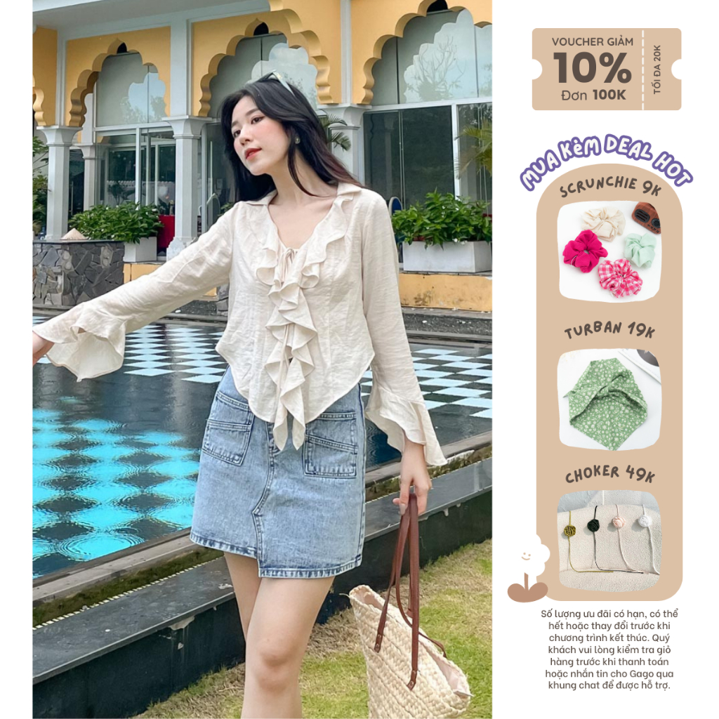 Áo kiểu tay lở cổ gợn sóng 2 lớp thời trang GAGO màu trắng GA4384