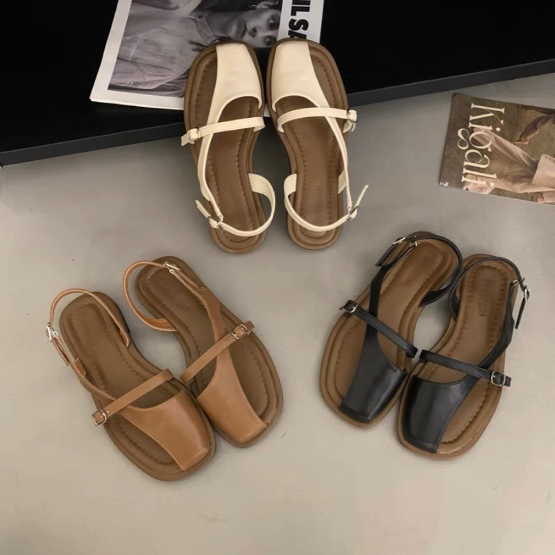 Sandal nữ hở ngón da mềm đế bệt có khoá cài thời trang mùa hè