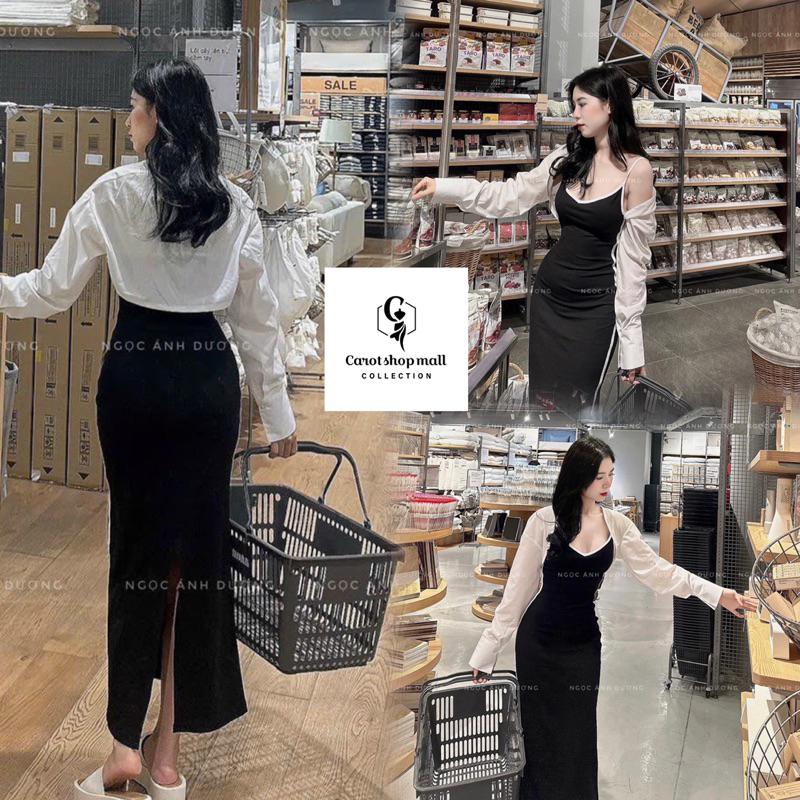Set đầm 2 dây viền kèm khoác cadigan - CarotShop
