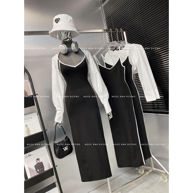 Set đầm 2 dây viền kèm khoác cadigan - CarotShop