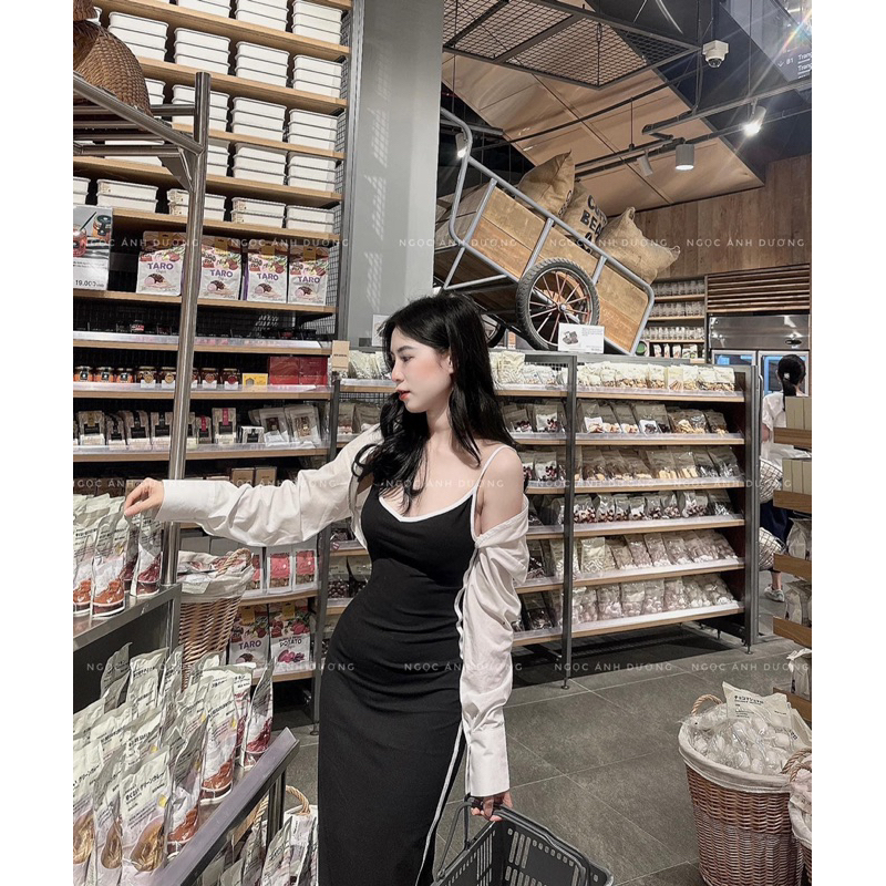 Set đầm 2 dây viền kèm khoác cadigan - CarotShop