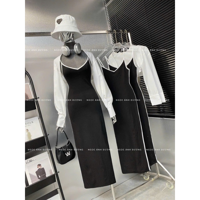 Set đầm 2 dây viền kèm khoác cadigan - CarotShop
