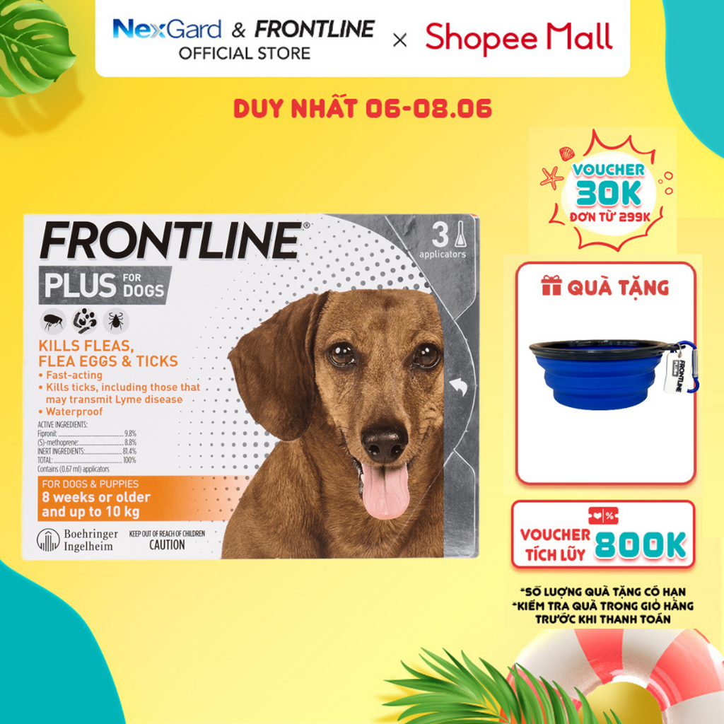 Frontline Plus - Tuýp nhỏ gáy phòng & trị ve, rận, bọ (trứng, ấu trùng, con trưởng thành) cho chó 2-10kg - 1 hộp 3 tuýp