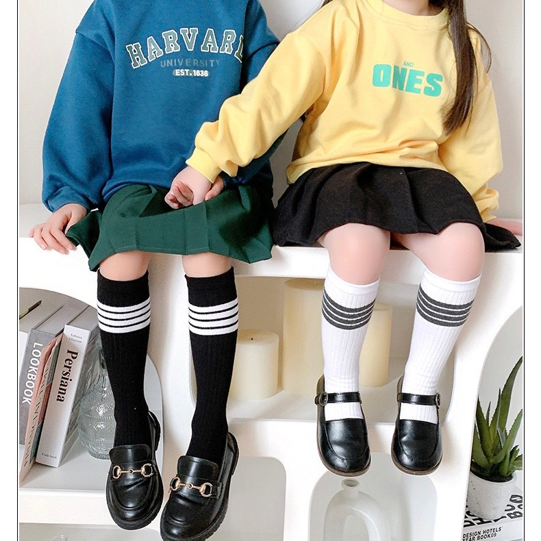 Tất dài đến đầu gối cho bé chất cotton học tiết kẻ sọc thể thao bé gái bé trai
