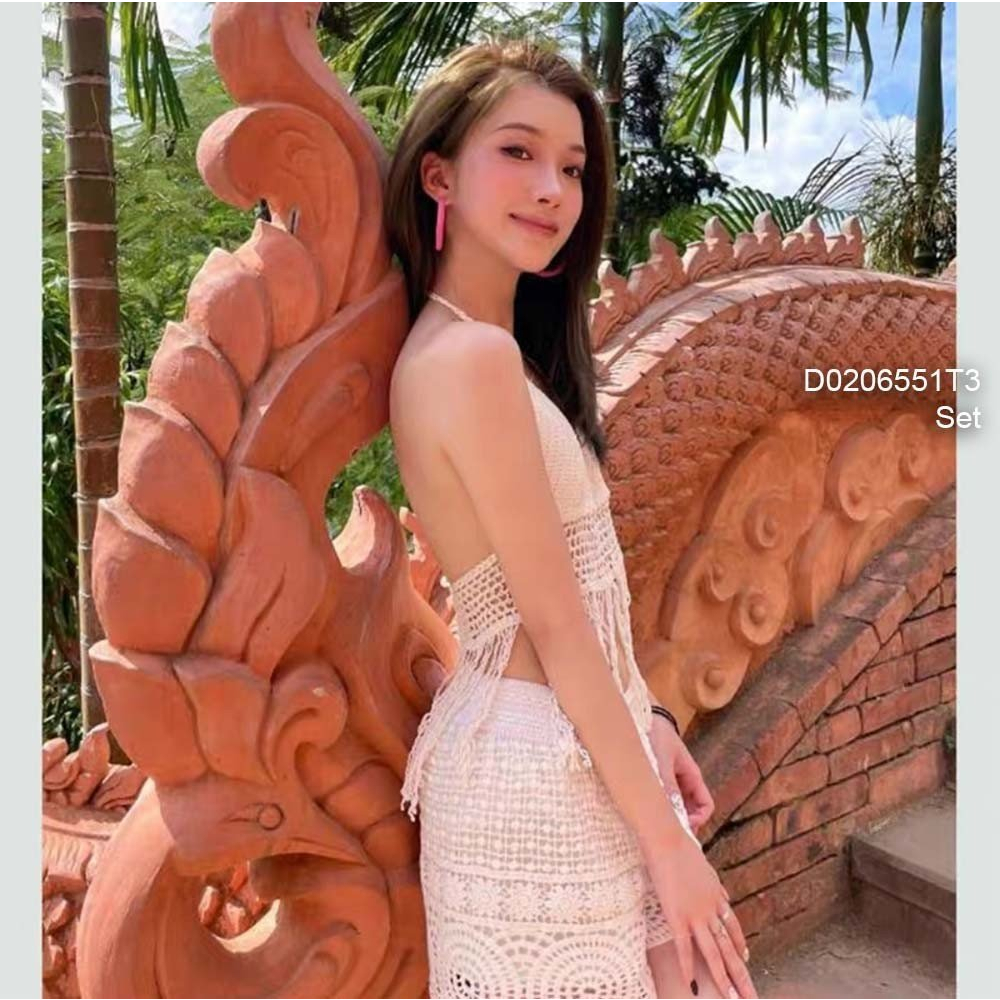Set bộ 2 món ren đi biển áo bra dây lai phối tua rua kèm quần short!