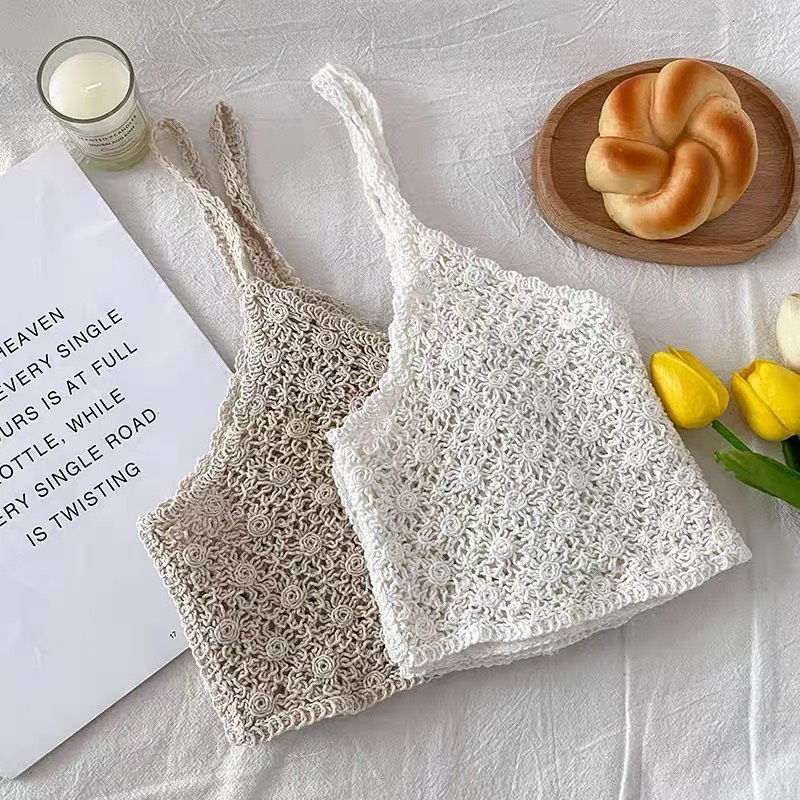Áo 2 Dây Đan Len Hai Dây Họa Tiết Đan Hoa Len Móc Phong Cách Style Vintage Handmade Boho Phố Đồ Tiện Lợi Hàn Quốc