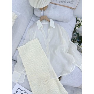 set đầm cúp ngực nhúng thun + sơ mi