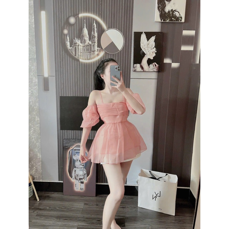 Set Bộ Áo Tơ Cúp Trễ Vai Tay Phồng Xoè + Quần Short Tapta Đùi