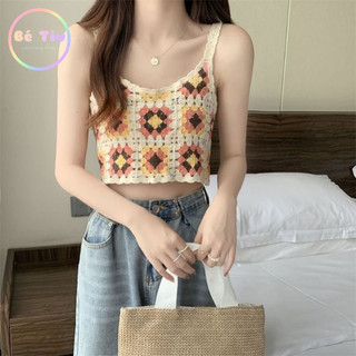 Áo Len Hai Dây Dệt Kim 2 Dây Phối Màu Họa Tiết Hình Khối Thêu Đan Hoa Style Vintage Phong Cách Handmade Boho Mùa Hè 2023