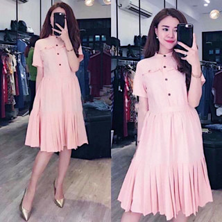 Đầm hồng cổ trụ phối dập li (kèm hình thật)