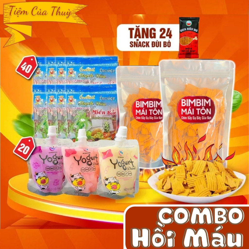 COMBO Hồi Máu : Bim Bim Mái Tôn + 40 Gói Thạch Dừa + 20 Gói Sữa Yogurt + 24 Gói Đùi Bò Quay, đồ ăn vặt, Bà Tuyết Diamond