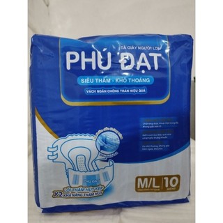 Bỉm tã dán người lớn PHÚ ĐẠT 10 miếng /1 gói size M/L từ 40_80kg siêu thấm kháng khuẩn, có vách ngăn chống tràn 2 bên