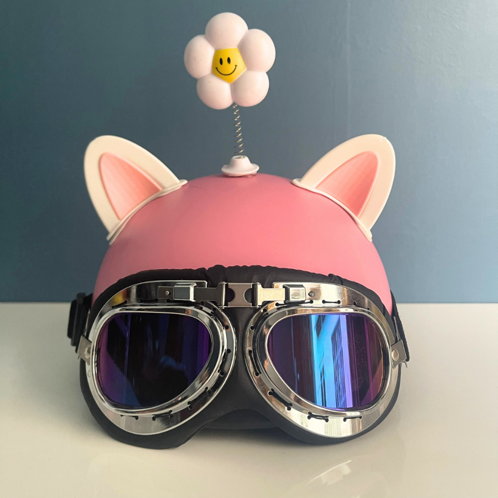 Mũ bảo hiểm nửa đầu kính phi công kèm tai mèo, tai gấu, hoa