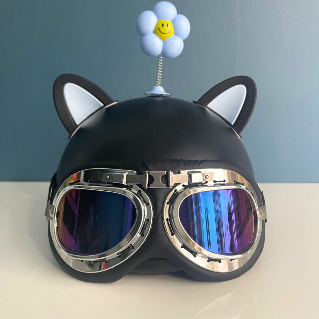 Mũ bảo hiểm nửa đầu kính phi công kèm tai mèo, tai gấu, hoa