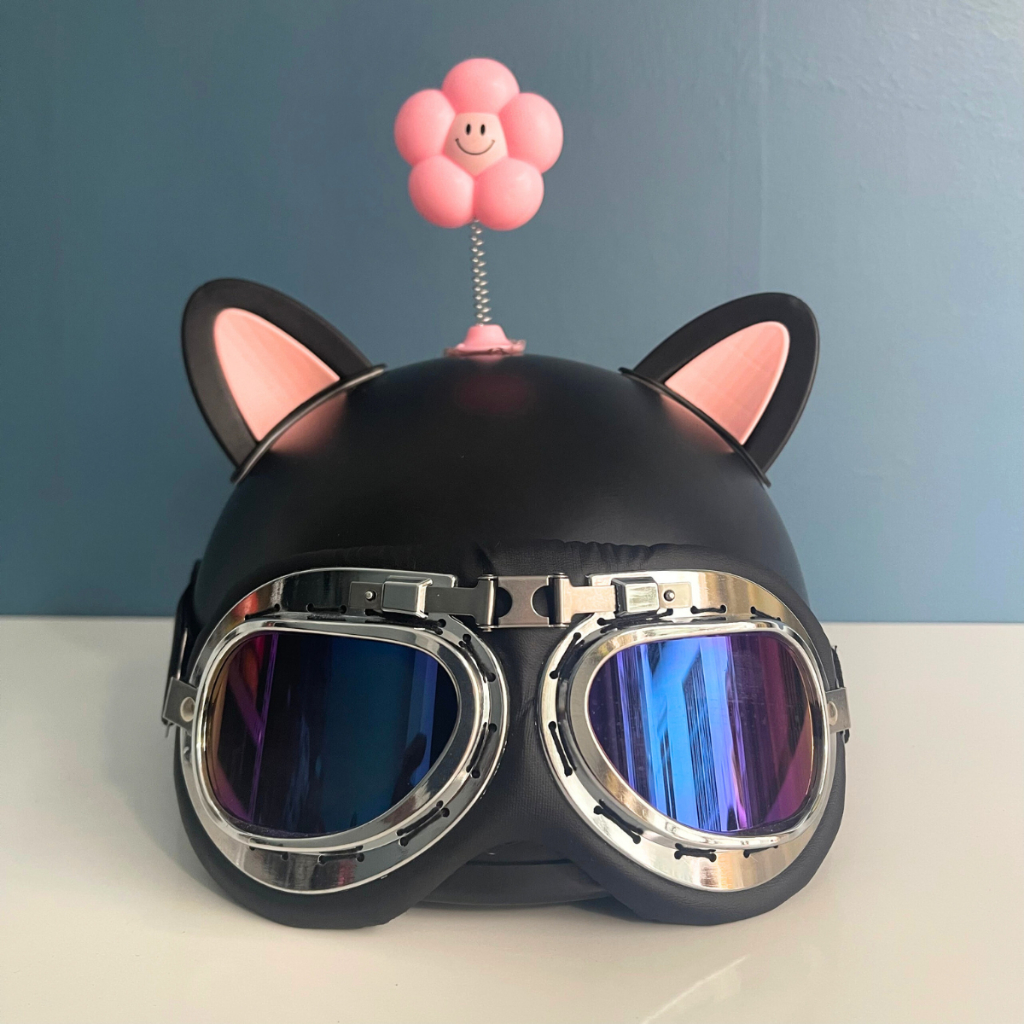 Mũ bảo hiểm nửa đầu kính phi công kèm tai mèo, tai gấu, hoa