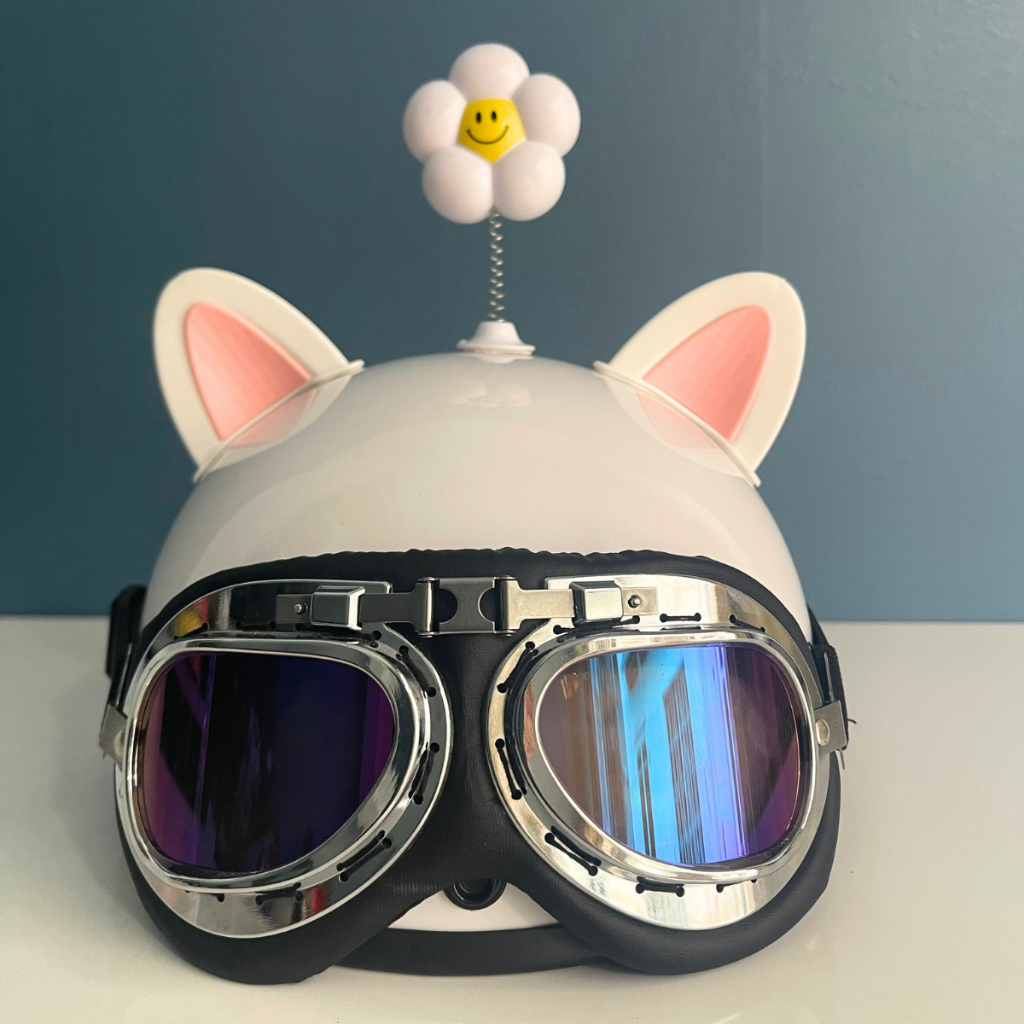 Mũ bảo hiểm nửa đầu kính phi công kèm tai mèo, tai gấu, hoa