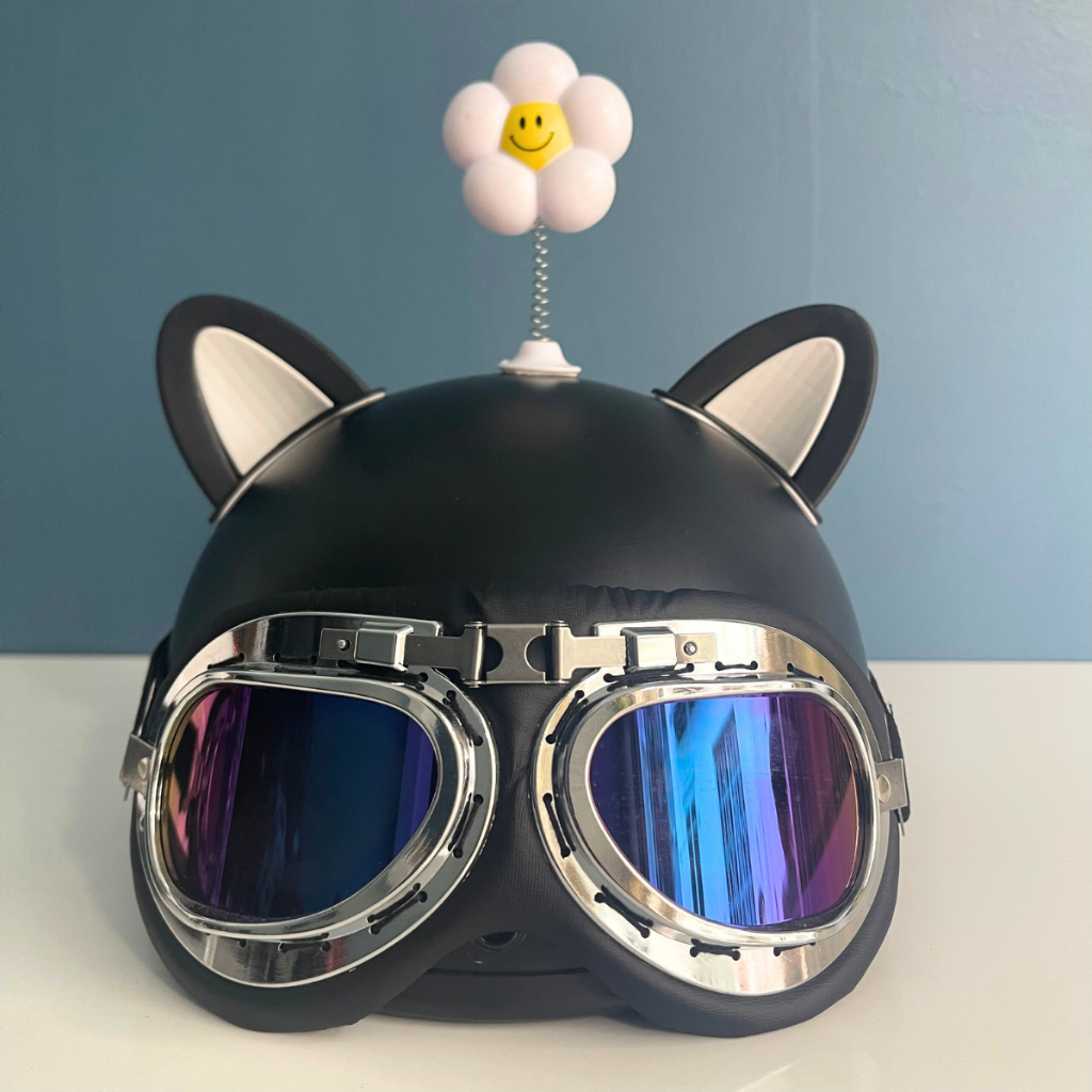 Mũ bảo hiểm nửa đầu kính phi công kèm tai mèo, tai gấu, hoa