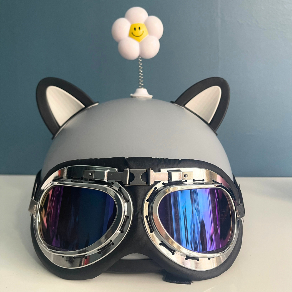 Mũ bảo hiểm nửa đầu kính phi công kèm tai mèo, tai gấu, hoa