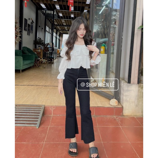 Set Jeans loe đen tua lai + Áo bèo tầng tay dài