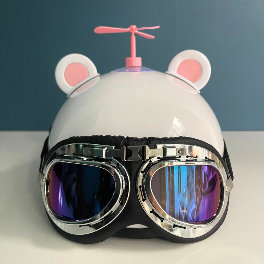 Mũ bảo hiểm nửa đầu kính phi công kèm tai mèo, tai gấu, chong chóng