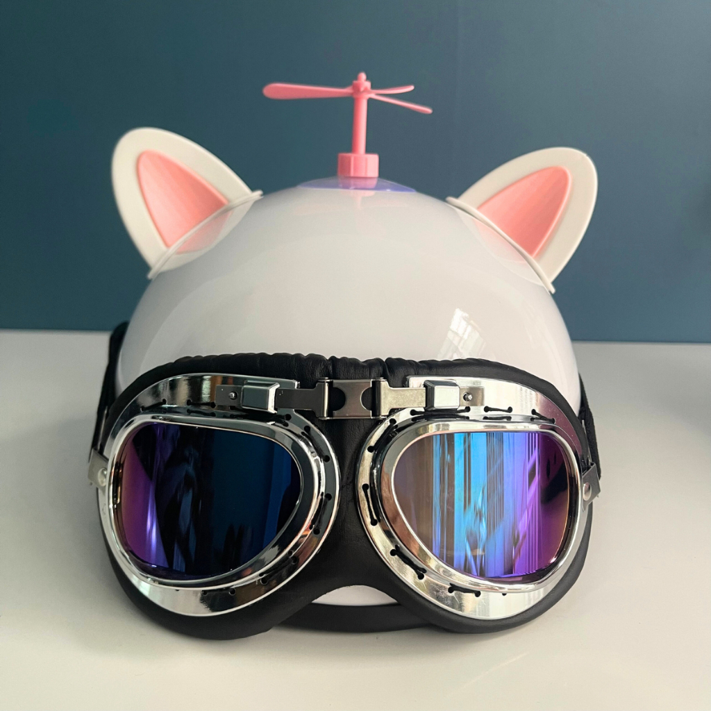 Mũ bảo hiểm nửa đầu kính phi công kèm tai mèo, tai gấu, chong chóng