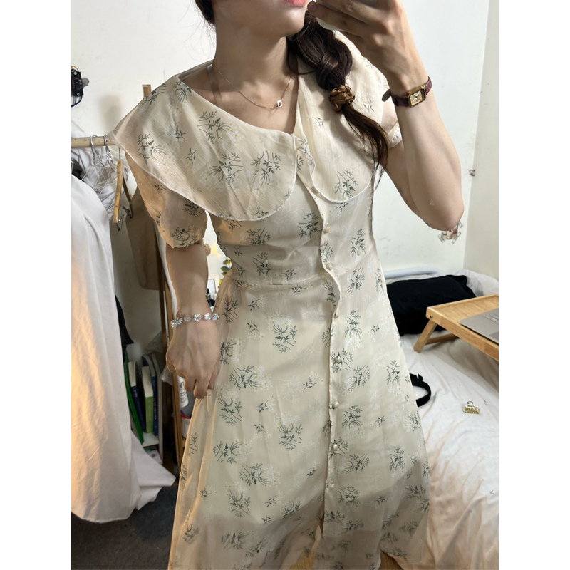 Đầm hoa nhí dáng xoè dài cổ lá sen taobao order