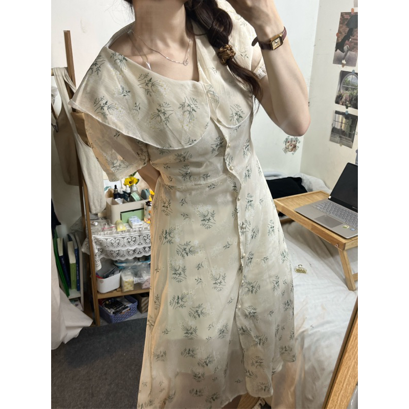 Đầm hoa nhí dáng xoè dài cổ lá sen taobao order