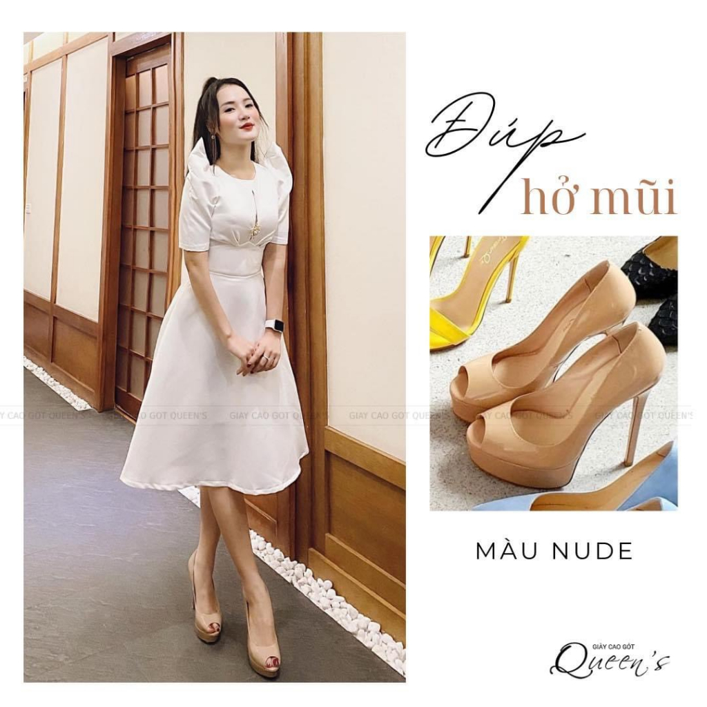 Giày Đúp Cao Gót Nữ Hở Mũi Nude Đen Cao Cấp QUEENS STORE sang êm chắc chân tôn dáng cao 11-12P