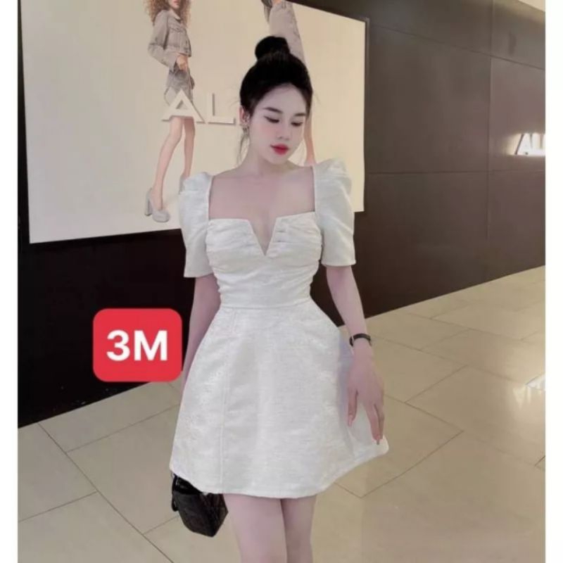 Váy,đầm nữ tafta vân gô cổ vuông tay bồng chân váy A