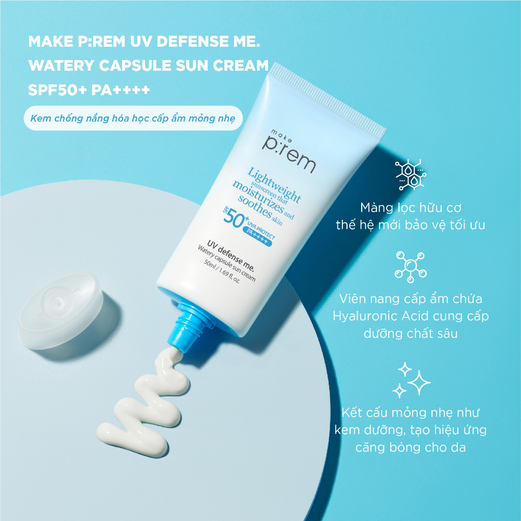 Kem chống nắng hóa học dưỡng ẩm mỏng nhẹ Make P:rem UV defense me. Watery capsule sun cream 50ml
