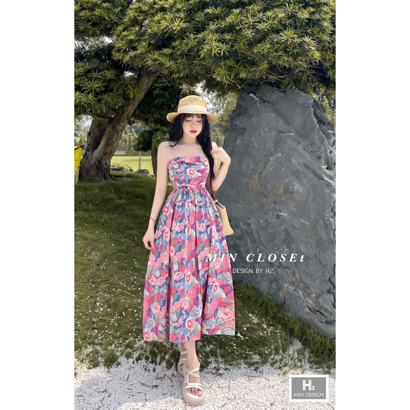 Váy 2 Dây Hoa Thô Ly Ngực Chun Sau Dáng Xoè Dài 2 Màu