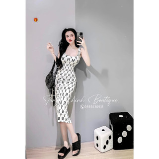 Đầm body gân 2 dây sát nách chữ hiệu toàn đầm in ép nhiệt chất gân hot