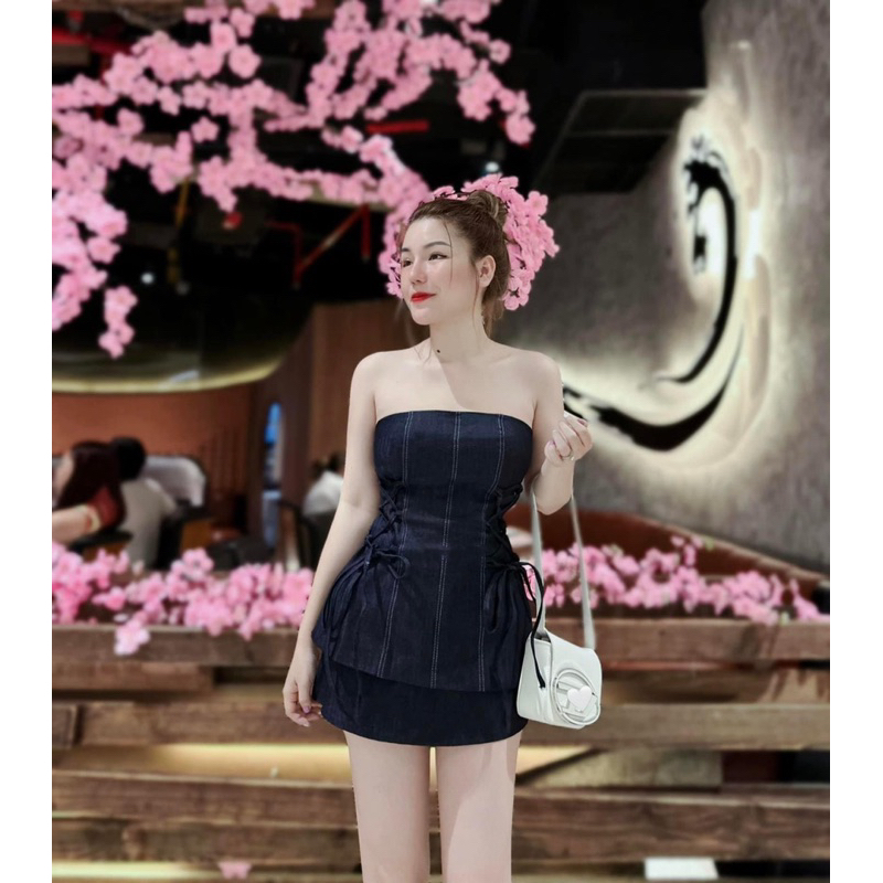 Set jean áo cúp ngực dây đan eo váy kèm đai