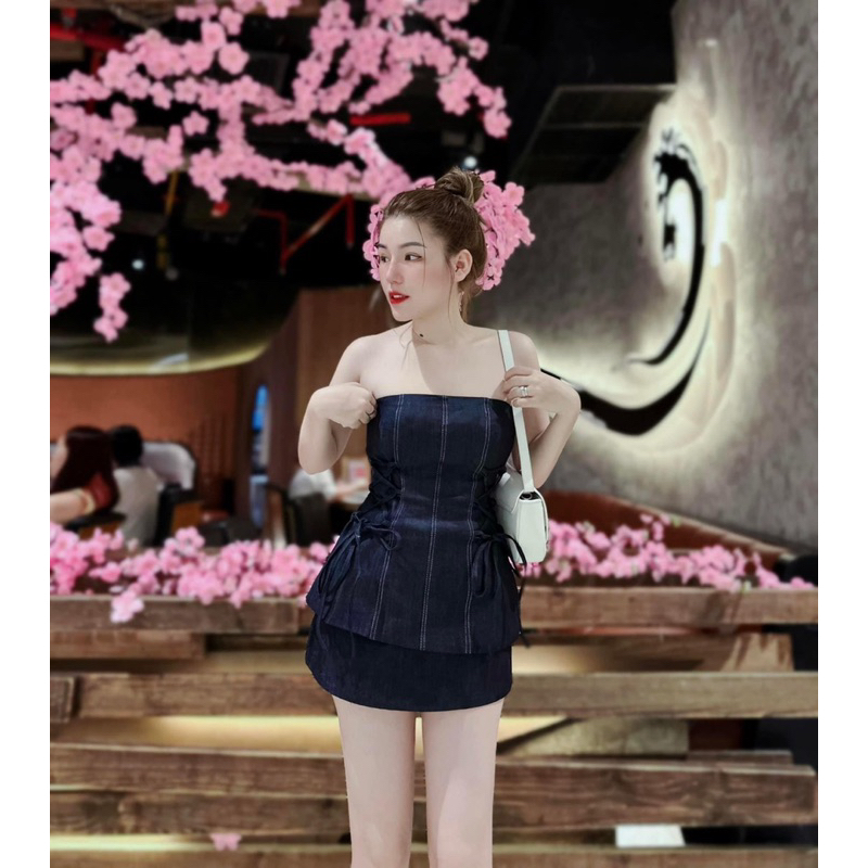Set jean áo cúp ngực dây đan eo váy kèm đai