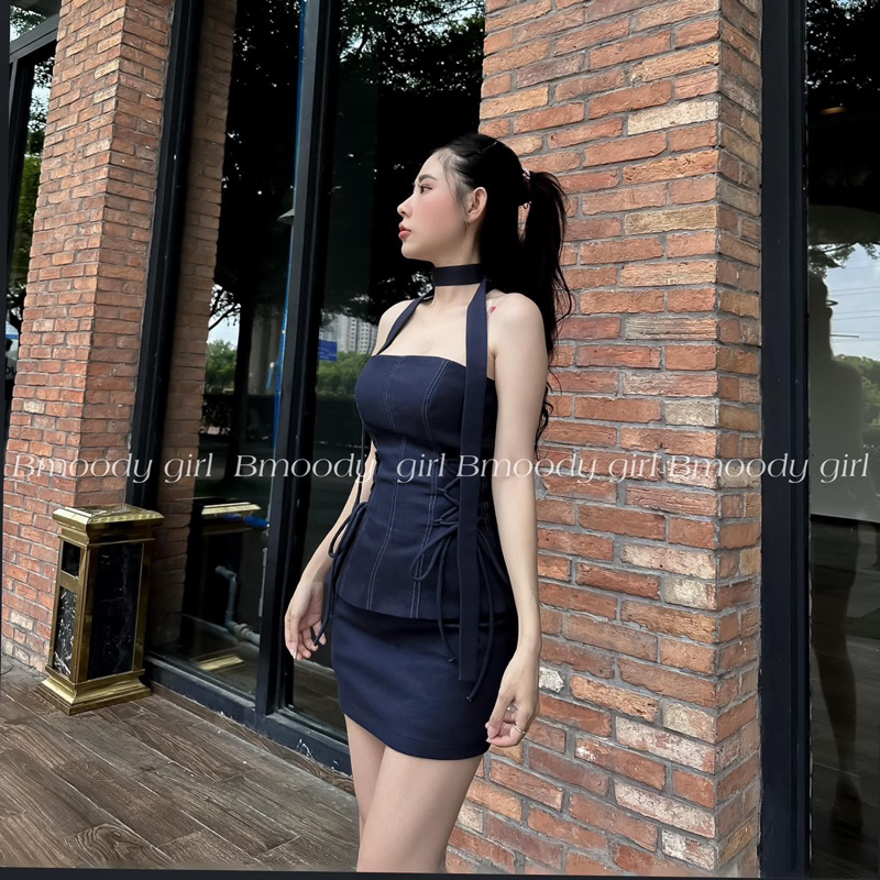 Set jean áo cúp ngực dây đan eo váy kèm đai