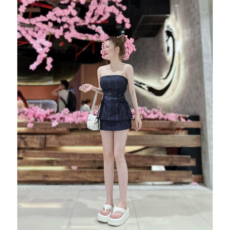 Set jean áo cúp ngực dây đan eo váy kèm đai