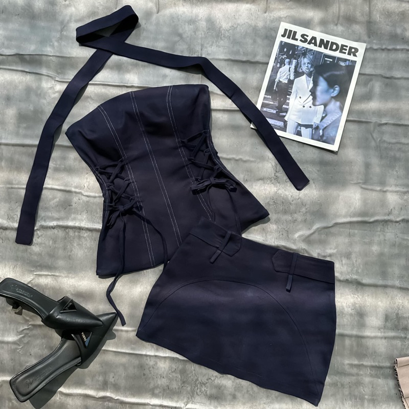 Set jean áo cúp ngực dây đan eo váy kèm đai