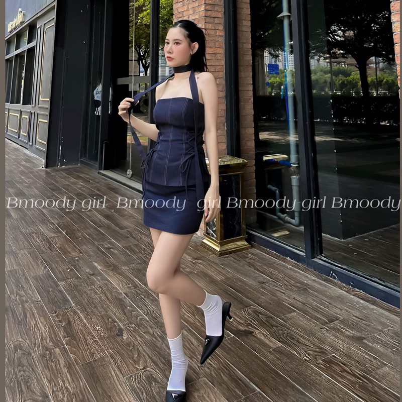 Set jean áo cúp ngực dây đan eo váy kèm đai