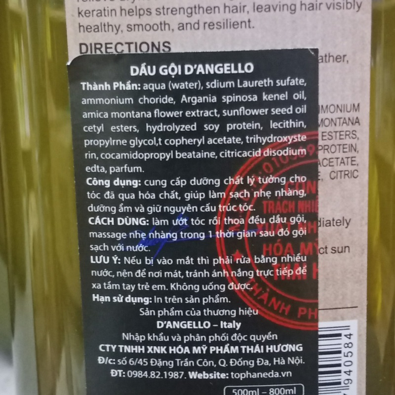 [+Tặng mũ trùm][D'angello] Bộ dầu Gội xả Dangello Keratin phục hồi mềm mượt cho tóc khô hư tổn