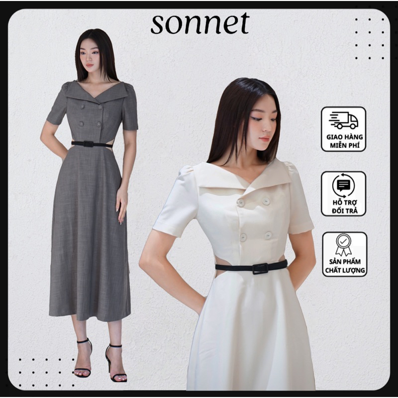 Đầm thiết kế cao cấp Diana Dress thương hiệu Sonnet cổ bẻ cut out thanh lịch trang nhã dáng váy dài sang chảnh