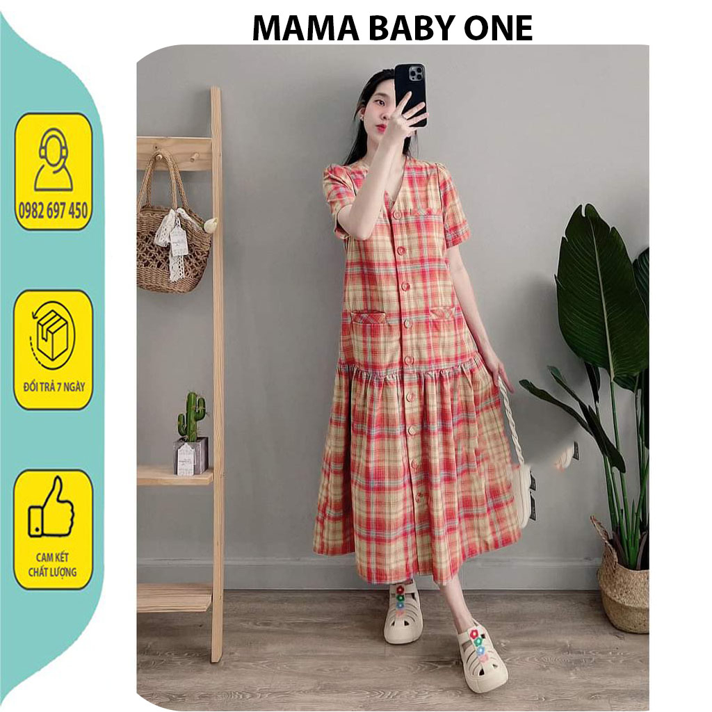 VÁY ĐẦM BẦU CÔNG SỞ DỰ TIỆC-ĐẦM BẦU THIẾT KẾ BABYDOLL KẺ CARO ĐỎ CỔ TIM ĐUÔI CÁ XINH XẮN ĐI LÀM, CHƠI .