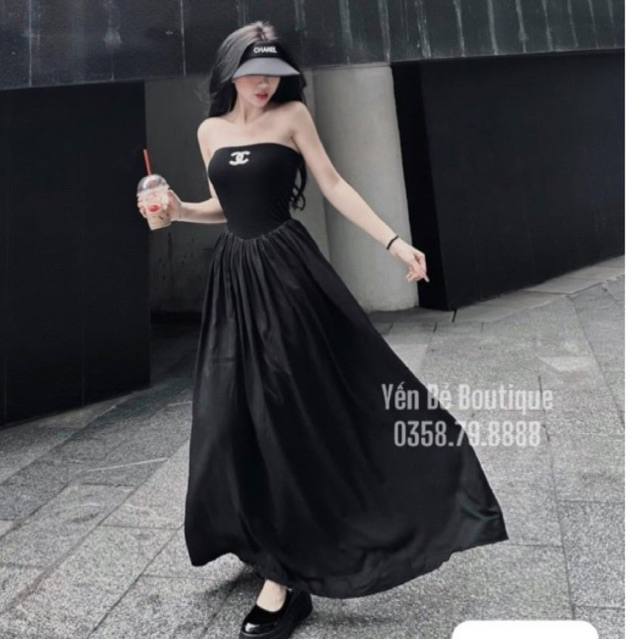 đầm maxi xoè áo tay ngắn thun rip phối váy voan thô