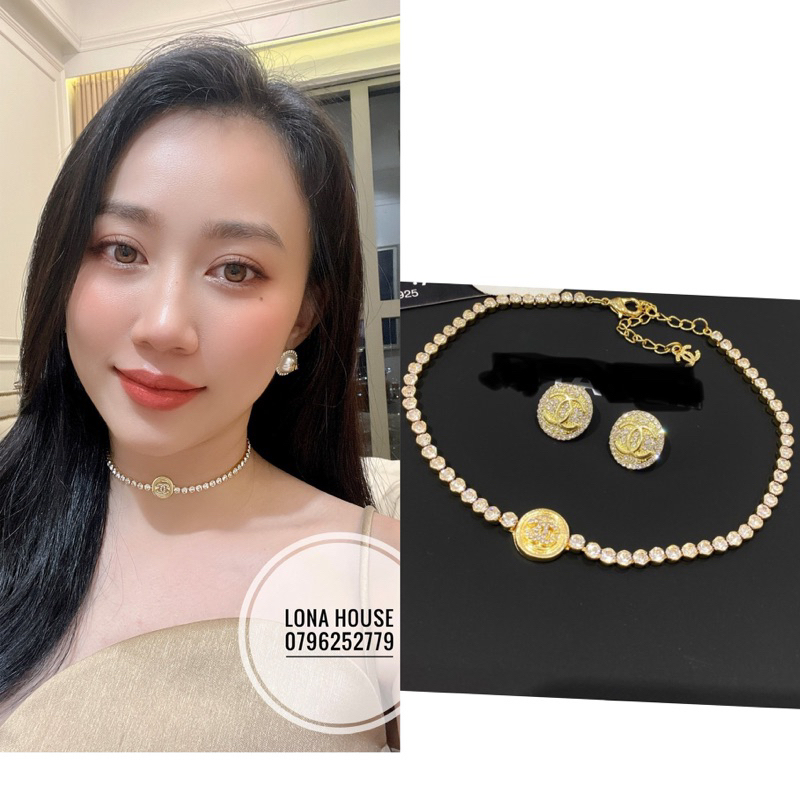Set khuyên tai + choker dây chuyền đính đá thời trang