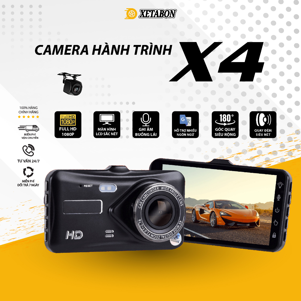 Camera hành trình ô tô X4 XETABON Full HD kèm thẻ nhớ 32GB, màn hình cảm ứng, quay đêm rõ nét, Bảo Hành 12 Tháng 1 đổi 1