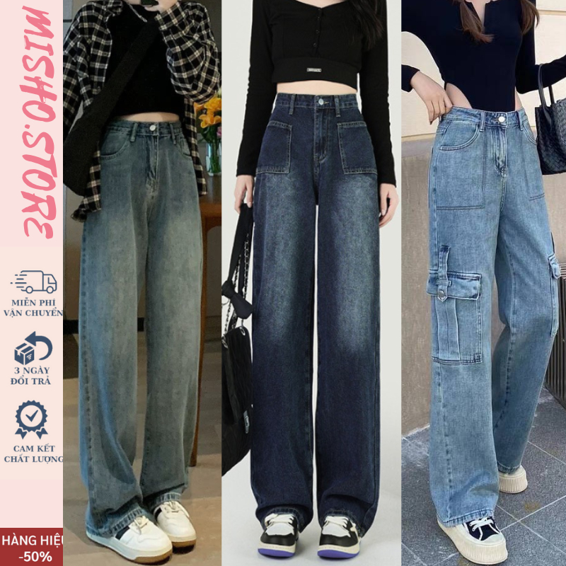 Quần Jean túi hộp ống rộng 2 túi, quần jeans ống đứng dáng suông nữ cạp cao màu xanh MISHO hottrend 2023