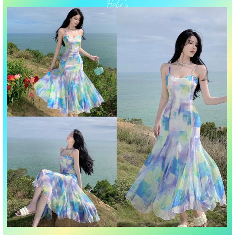 Đầm midi hai dây tone màu cầu vồng thời trang nữ hebe's X34