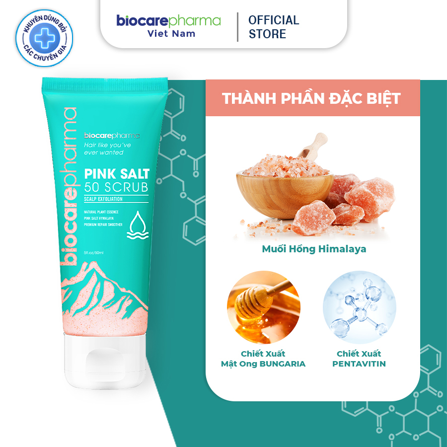 Tẩy tế bào chết da đầu muối hồng Himalaya - Biocare Pharma - Giảm gàu - giảm bết tóc - giúp phồng tóc - 50gr và 150gr.