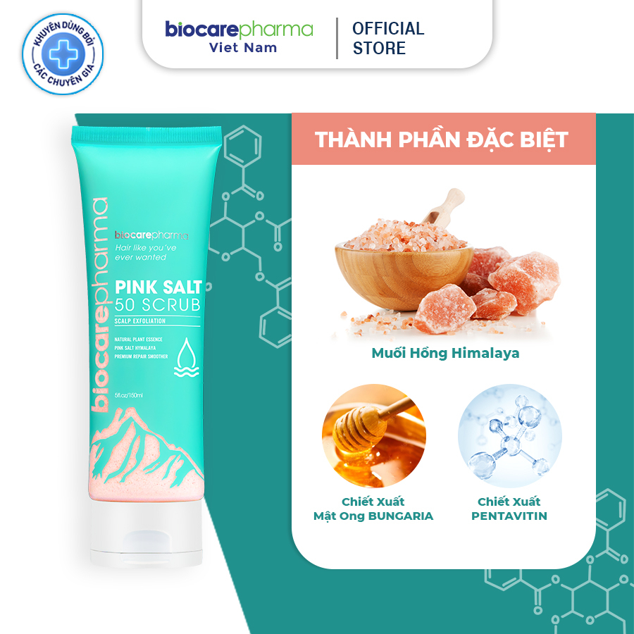 Tẩy tế bào chết da đầu muối hồng Himalaya - Biocare Pharma - Giảm gàu - giảm bết tóc - giúp phồng tóc - 50gr và 150gr.