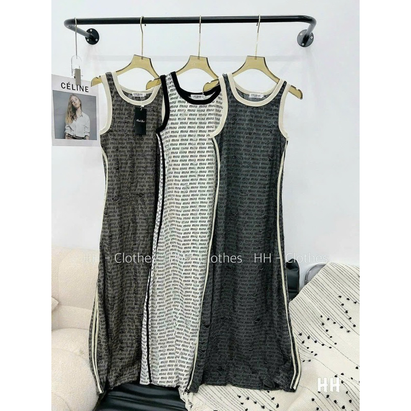 Đầm Maxxi Thun Hoạ Tiết Tờ Báo Miumiu 3 Lỗ Sát Nách Dáng Xoè Viền